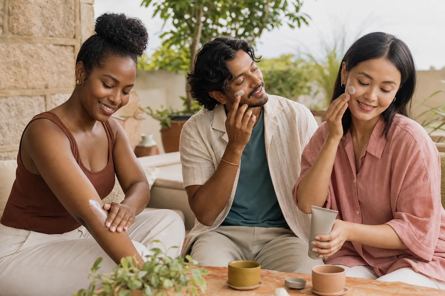 Three adults with different skin tones applying sunscreen in bright shade