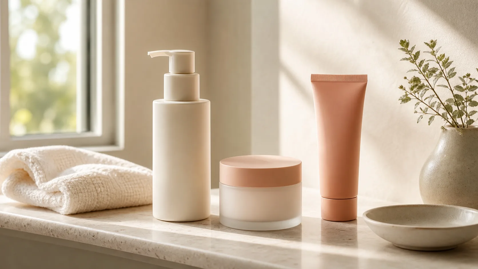 Unbranded cleanser, moisturizer, and sunscreen arranged in morning routine order