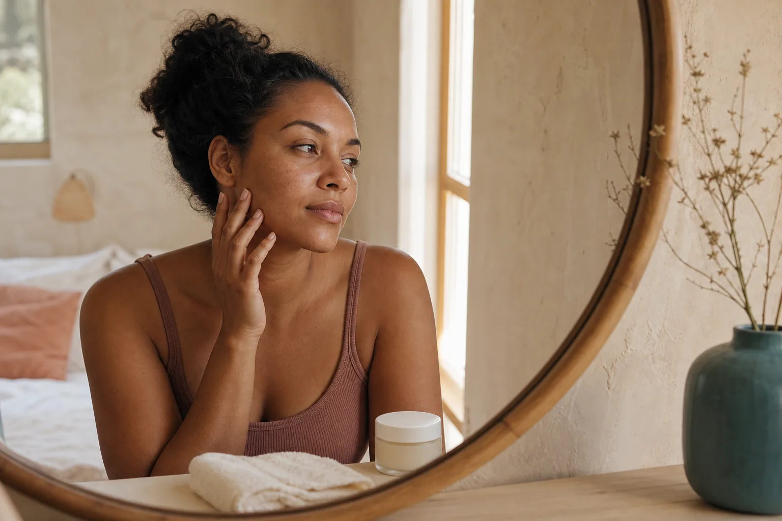 Woman with natural skin texture considering a simple moisturizer beside a mirror