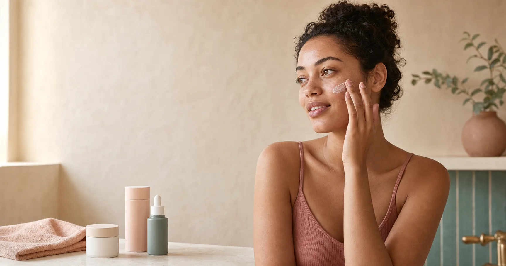 Woman gently applying moisturizer during a simple morning face care routine