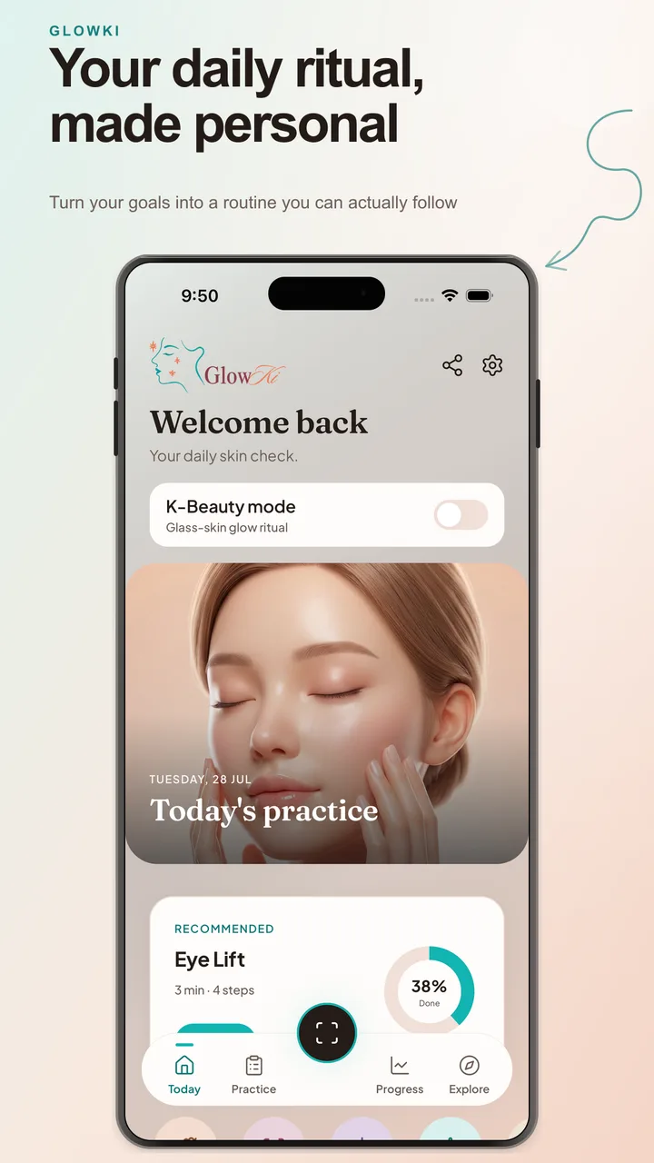 Glowki home screen showing a daily personalized ritual and today's recommended face practice.