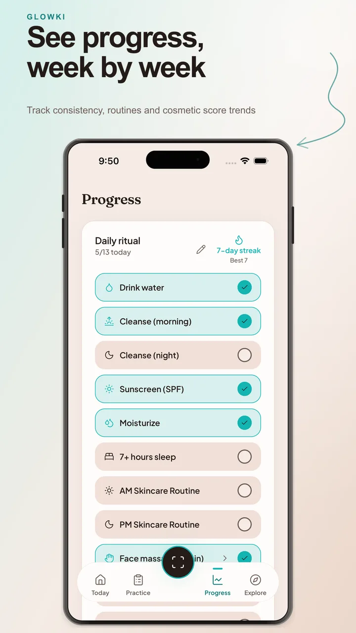 Progress dashboard with a daily ritual checklist, completed habits, and a seven-day streak.