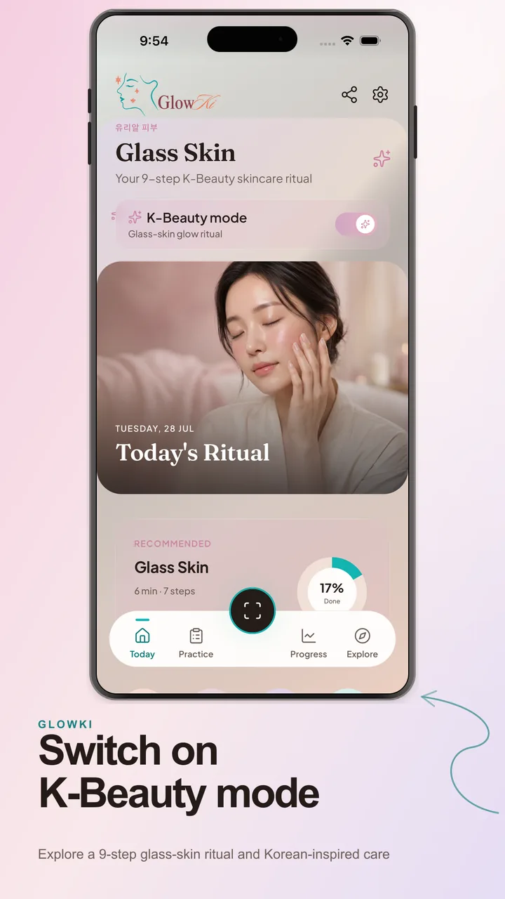 K-Beauty mode showing the Glass Skin ritual and a pink Korean-inspired daily dashboard.
