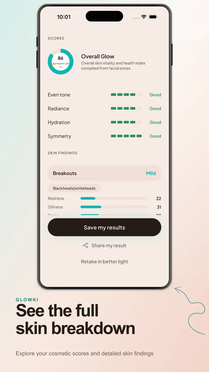 Full cosmetic analysis showing an overall glow score, even tone, radiance, hydration, symmetry, and skin findings.