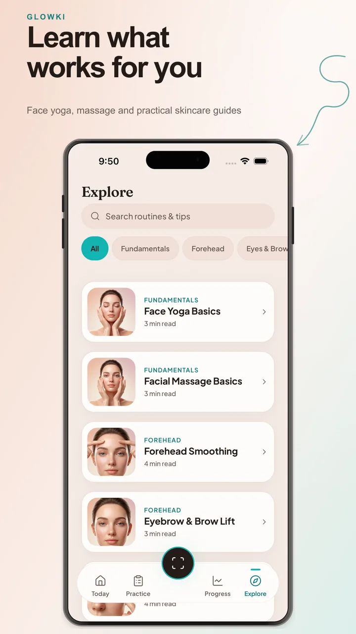 Explore library showing face yoga, facial massage, forehead, and skincare guides.
