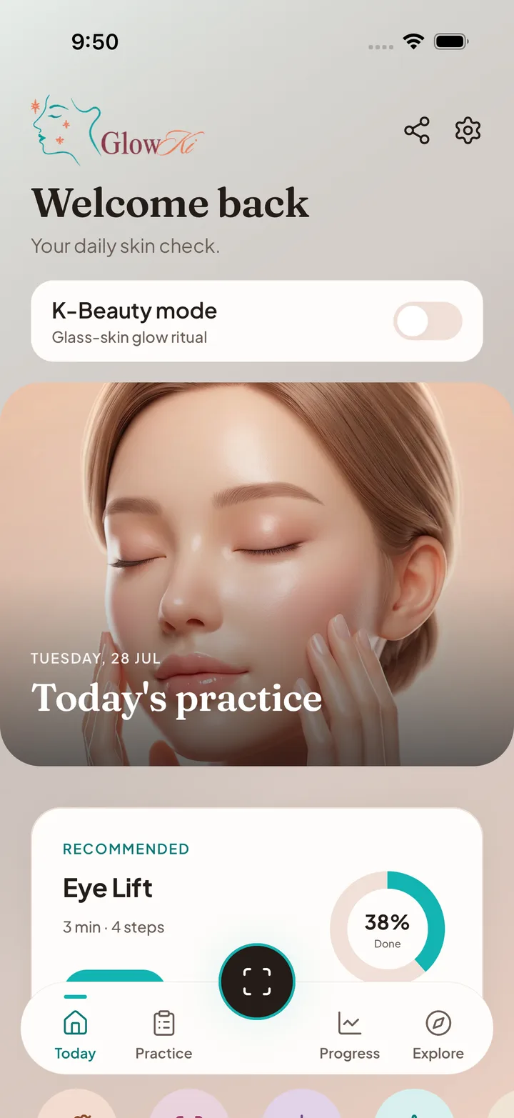 Glowki home screen with a personal daily ritual and recommended face practice.